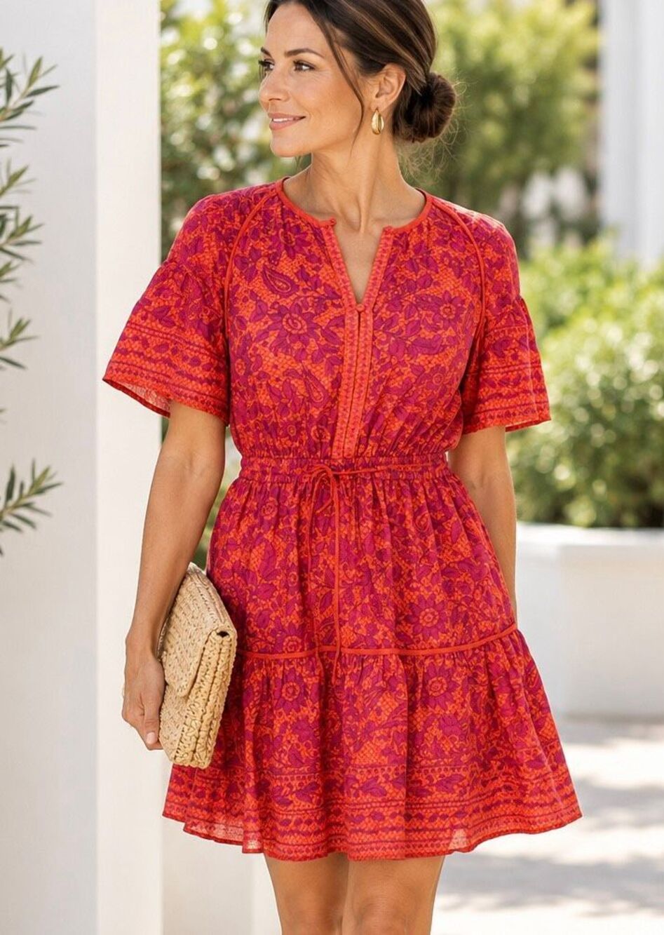 Whistles Orange Pink Floral Paisley Tiered Mini Dress US 8